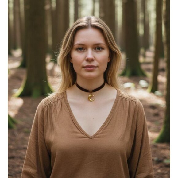 Brown Velvet Moon Choker Necklace Gold Crescent Pendant Celestial Boho Jewelry - Picture 5 of 5